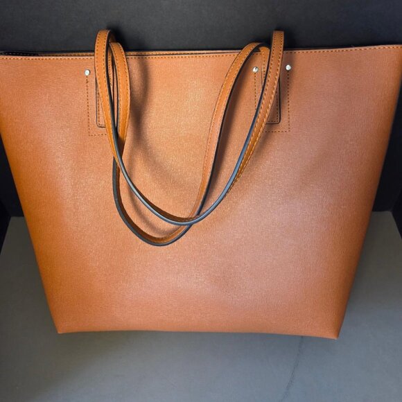 Tote Bag Faux Leather Large Size Caramel & Black NWOT Roomy Versatile - Picture 3 of 11